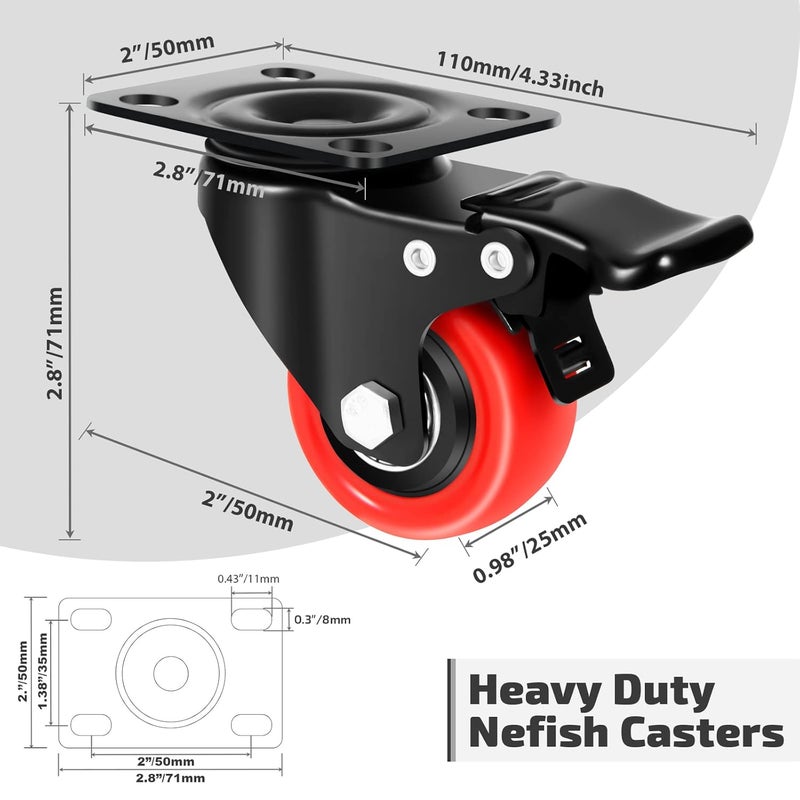Nefish 2 Inch Casters Set of 4, Heavy Duty Top Plate Caster Wheels with Brake 600 Lbs, Dual Locking Furniture Castors, 360 Degree Swivel Casters, No Noise Polyurethane Wheels for Cabinet, Furniture - Image 2